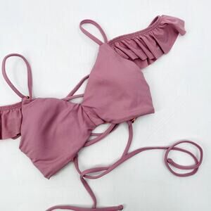 Maaji pink purple cold shoulder ruffle bikini top